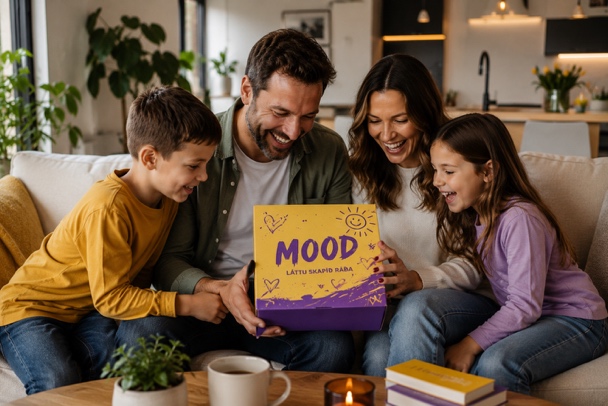 Fjölskylda opnar MOOD box saman í stofunni